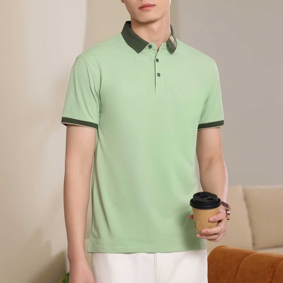COSFO Solid Men Polo Shirts Casual Short Sleeve Collared Tops Button Pullover Slim Classic T-Shirt