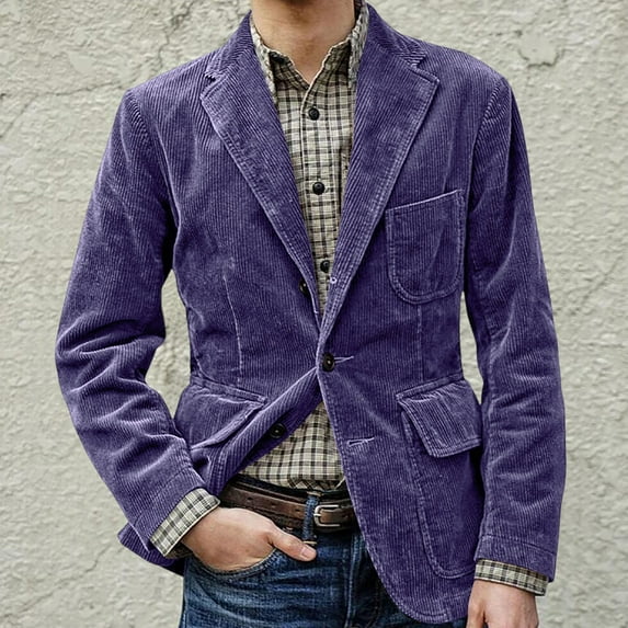 COSFO Solid Men's Jacket Blazer Corduroy Purple Casual Coat Lapel Collar Slim Single Breasted with Pocket Vintage Outerwear Jackets