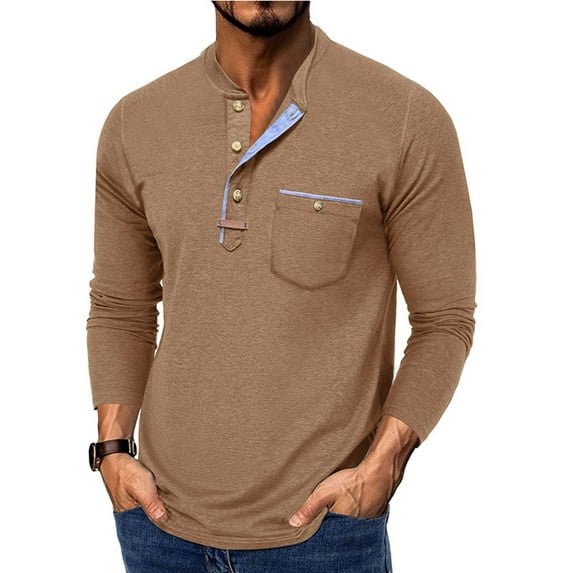 COSFO Solid Men's T-Shirts Button Long Sleeve Casual Tops Pullover Henley Loose Fit with Pocket Mens Classic T-Shirt