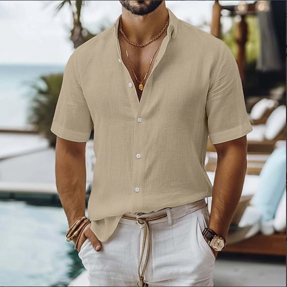 COSFO Solid Mens Button Up Shirt Summer Cotton Linen Short Sleeve Shirts Vacation Collared Loose Fit Beach Tops