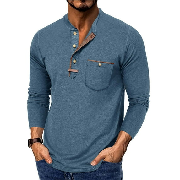 COSFO Solid Mens Casual Shirts Button Long Sleeve Tops Henley with Pocket Pullover Loose Fit Men Classic T-Shirt