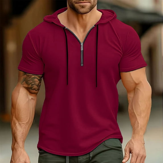 COSFO Solid Mens Hoodies Short Sleeve Casual Shirts Quarter Zip Pullover Loose Workout Hooded T-Shirts