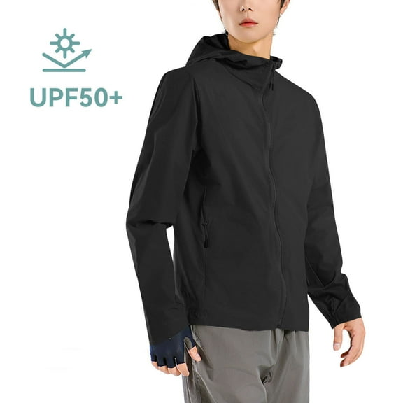 COSFO Solid Mens Jacket Sun Protection Zip Up Lightweight Hooded Windbreaker with Pockets Long Sleeve Casual Outdoor Loose Mens Coats