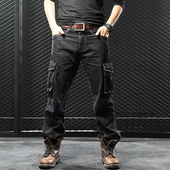 COSFO Solid Mens Pants Jean Cargo Black Straight Fit Denim Pants Multi Pockets Casual Pants