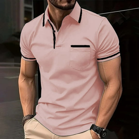 COSFO Solid Mens Polo Shirt Casual Short Sleeve Collared Tops Classic Pullover Performance with Pocket Shirts