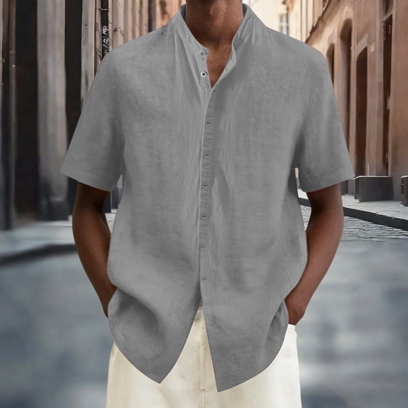 COSFO Solid Short Sleeve Button Down Men Cotton Linen Summer Shirts Collared Beach Regular Fit Vacation Tops