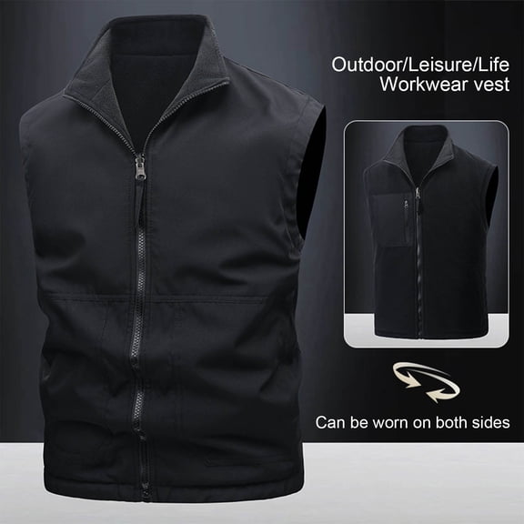 COSFO Solid Vest Men Zip Up Fleece Lightweight Jacket Reversible Casual Sleeveless Loose Work Men Outerwear Vests