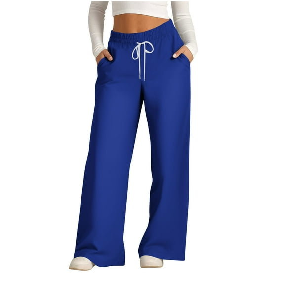 COSFO Solid Women Pants Palazzo High Elastic Waisted Casual Blue Wide Leg Pants Adjustable Width Loose Drawstring Pants