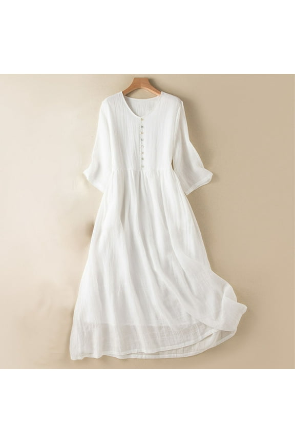 Solid Womens Dress Casual Elbow-Length White V-Neck Midi Dresses A-Line Flowy Button Down Dresses