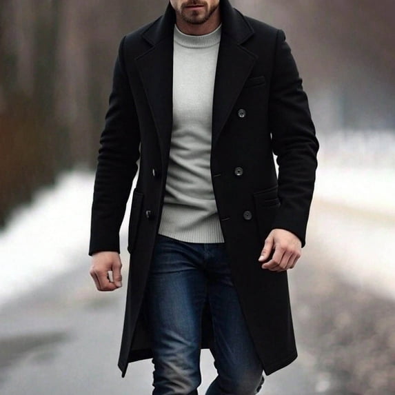 COSFO Sport Coats for Men Double Breasted Black Winter Outerwear Long Sleeve Fashion Collar Loose Fit Mens Jackets