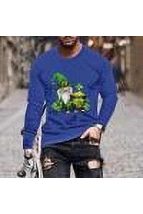 St Patricks Day Mens T-Shirts Long Sleeve Casual Crew Neck Blue Tops Drop Shoulder Loose T-Shirts Mens Shirts