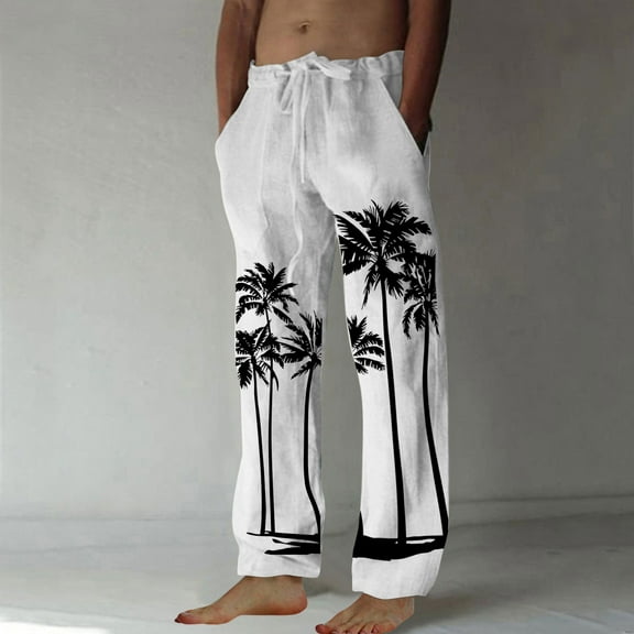 COSFO Straight-Leg Men's Tactical Pants Joggers Full White Casual Elastic Waist Drawstring Hawaiian Mens Pants Relaxed Fit