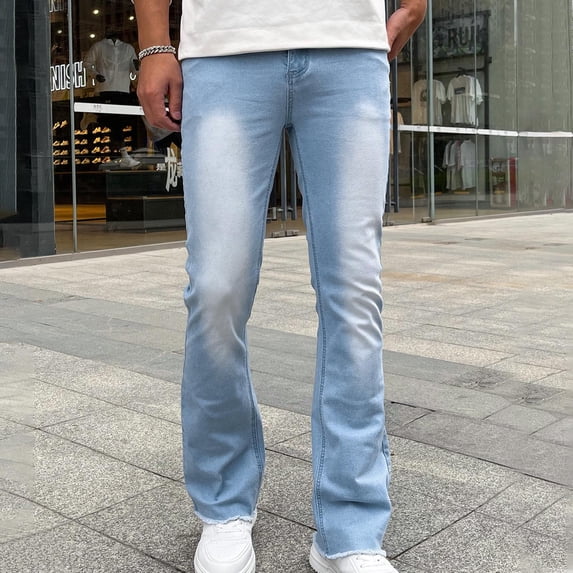 COSFO Straight-Leg Mens Jeans Regular Fit Full Blue Joggers Casual Solid Comfort Waist Clasp Mens Pants Slim Fit