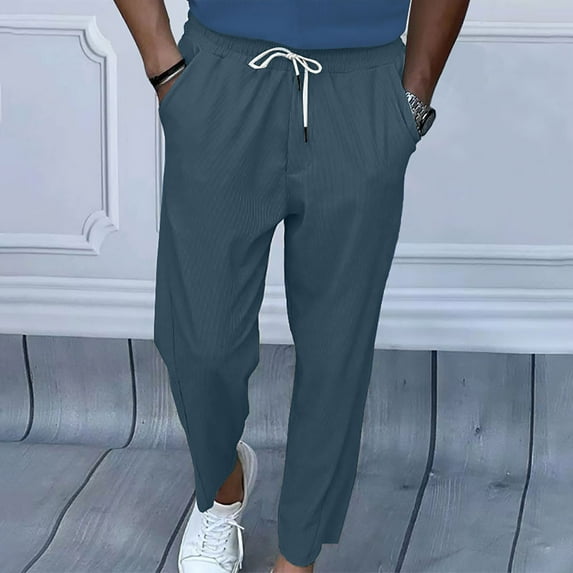 COSFO Straight-Leg Mens Tactical Pants Joggers Blue Full Athleisure Solid Drawstring Elastic Waist Mens Casual Pants