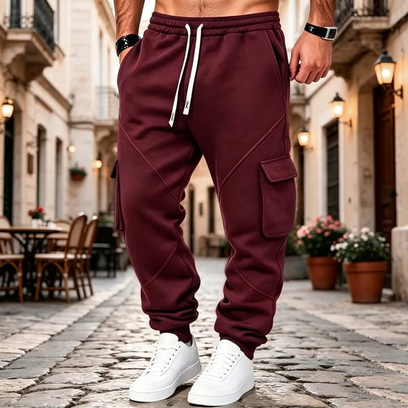 COSFO Stretch Cargo Pants for Men Work Pockets Sweatpants Solid Drawstring Relaxed Fit Jogger Mens Pants Casual