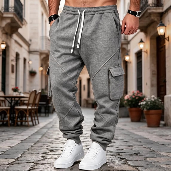COSFO Stretch Mens Cargo Pant Work Pockets Sweatpants Drawstring Jogger Solid Relaxed Fit Mens Pants
