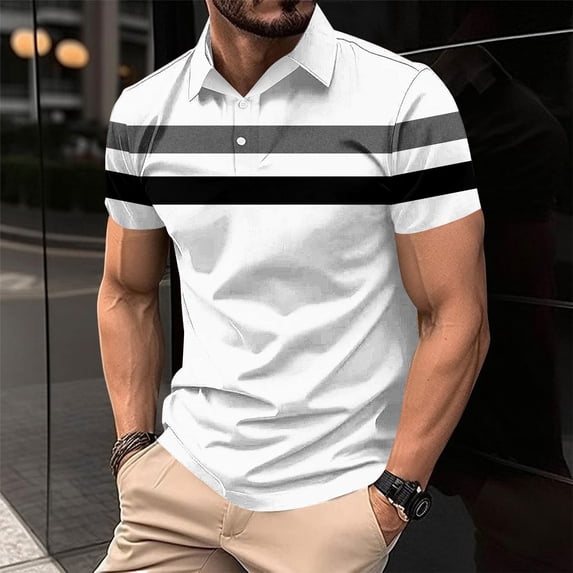 COSFO Striped Men Polo Shirts Collared Short Sleeve Casual Tops Button Pullover Slim Men's Graphic Tees