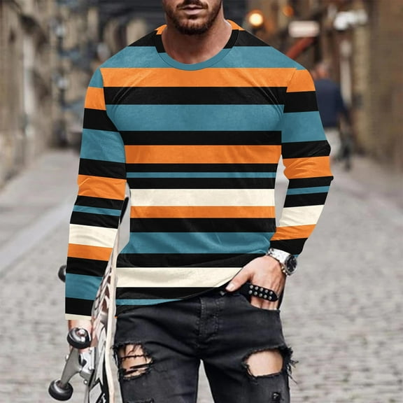 COSFO Striped Men Shirts Workout Long Sleeve Casual Tops Loose Crew Neck Pullover Mens Graphic Tees