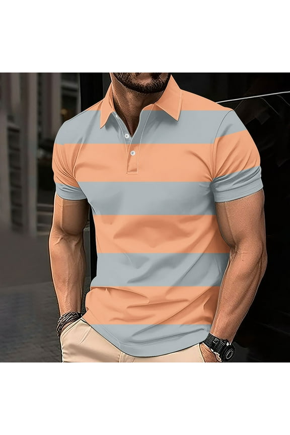 Striped Men's Polo Shirts Casual Short Sleeve Pullover Collared Tops Loose Button Graphic Tees