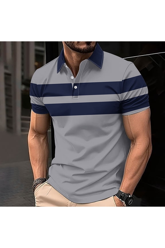 Striped Men's Polo Shirts Short Sleeve Casual Pullover Collared Tops Loose Button Graphic Tees