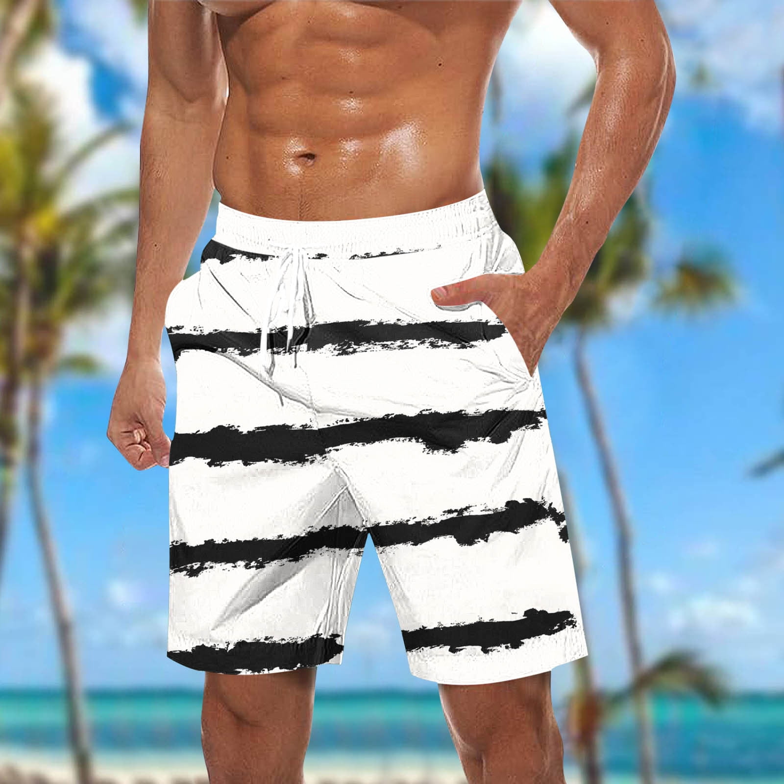 COSFO Striped Men's Shorts Casual Board Beach Short Pants with Pockets ...
