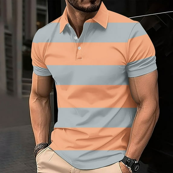 COSFO Striped Mens Polo Shirts Collared Pullover Short Sleeve Casual Tops Button Loose Graphic Tees