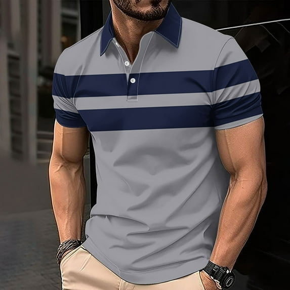 COSFO Striped Mens Polo Shirts Pullover Casual Collared Short Sleeve Tops Loose Button Graphic Tees
