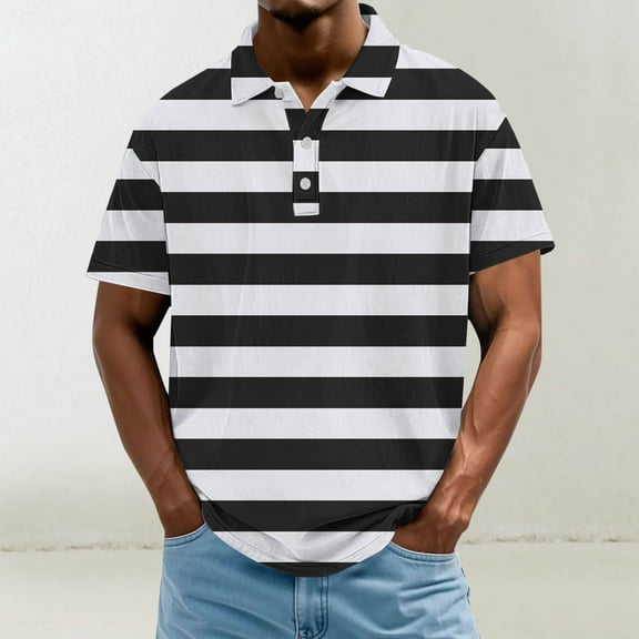 COSFO Striped Mens Shirts Casual Collared Short Sleeve Pullover Loose Button Mens T-Shirts