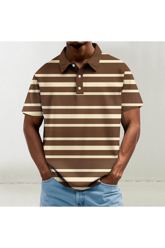 Casual Polo T Shirts for Men Performance Short Sleeve Striped Graphic Tees Collared Pullover Loose Fit Summer Tops