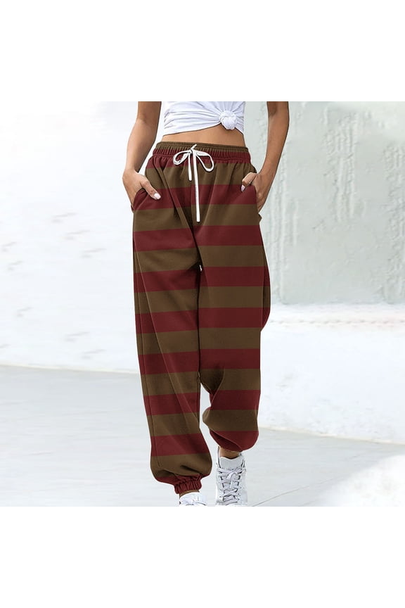 Striped Women Sweatpants Joggers Brown Casual Elastic Waist Taper Pants Loose Drawstring Adjustable Width Pants