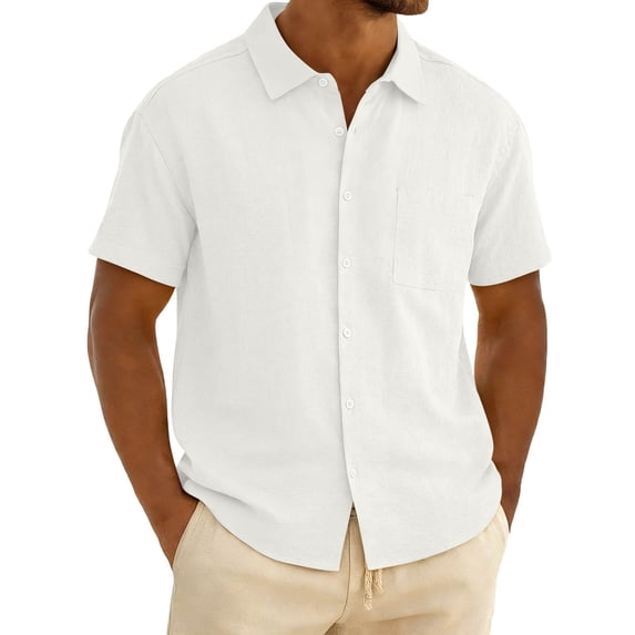 COSFO Summer Men Button Down Shirt White Short Sleeve Beach Shirts Collared with Pocket Casual Regular Fit Tops