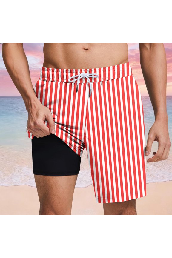 Summer Men Swim Shorts Casual Compression Liner Striped Board Shorts Relaxed Fit Drawstring Quick Dry Elastic Waist Bermuda Swim Shorts
