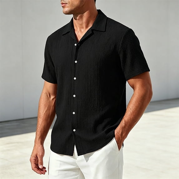 COSFO Summer Men's Button Down Short Sleeve Shirts Beach Black Shirt Vacation Collared Casual Loose Fit Mens Shirts Xl