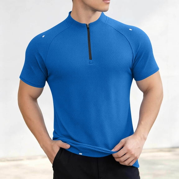 COSFO Summer Men's T-Shirts Blue Short Sleeve Workout Shirt Mock Neck Slim Fit Pullover Quarter Zip Quick Dry Tops