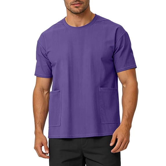 COSFO Summer Mens Casual Shirts Big And Tall Purple Short Sleeve Classic T-Shirt Pullover Workout Crew Neck with Pocket Relaxed Fit Tops