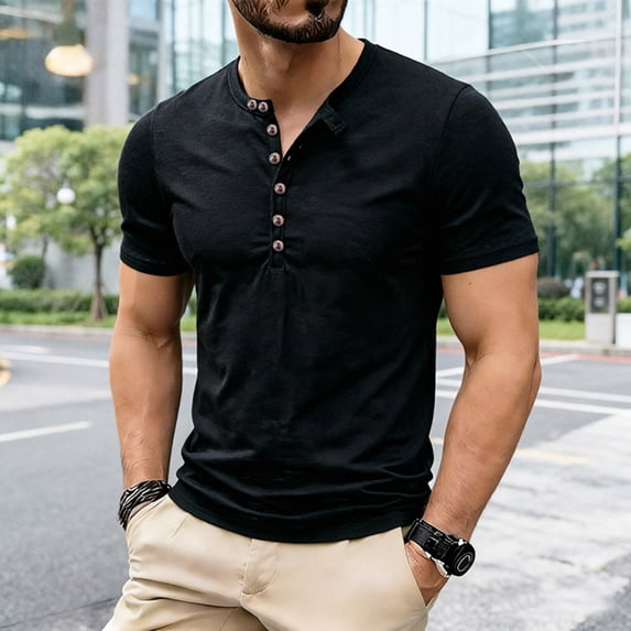 COSFO Summer Mens Shirts Cotton Henley Short Sleeve Black Classic T-Shirt Workout Slim Fit Pullover Casual Tops