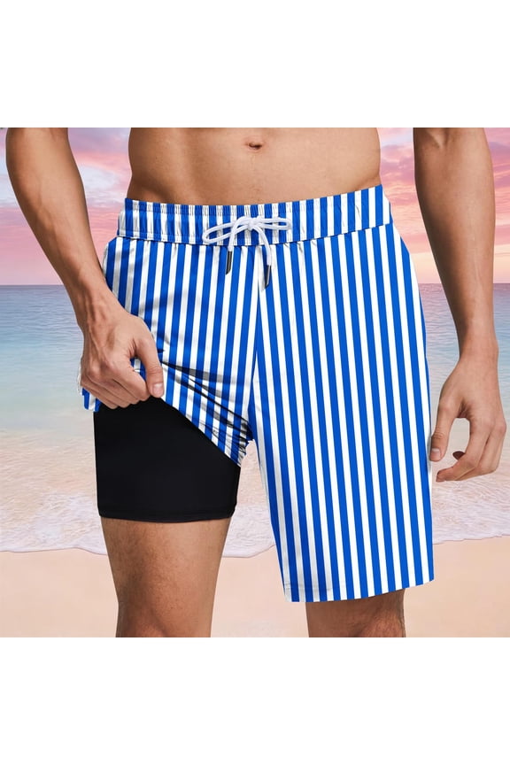 Summer Mens Swimming Trunks Striped Casual Compression Liner Board Shorts Elastic Waist Bermuda Drawstring Relaxed Fit Swimming Swim Shorts