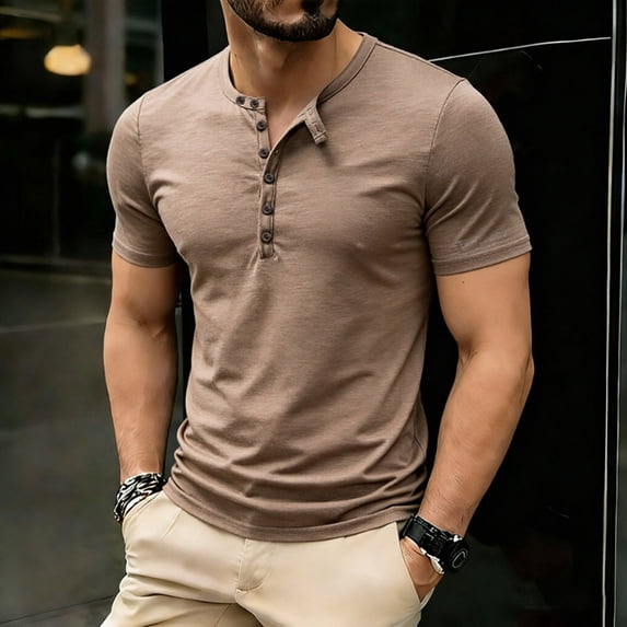 COSFO Summer Mens Tshirts Henley Short Sleeve Solid Cotton Classic T-Shirt Slim Fit Pullover Casual Workout Tops