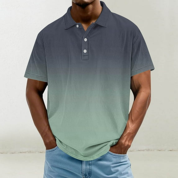 COSFO Summer Shirts for Men Casual Gradient Short Sleeve Collared Pullover Loose Button Men T Shirts