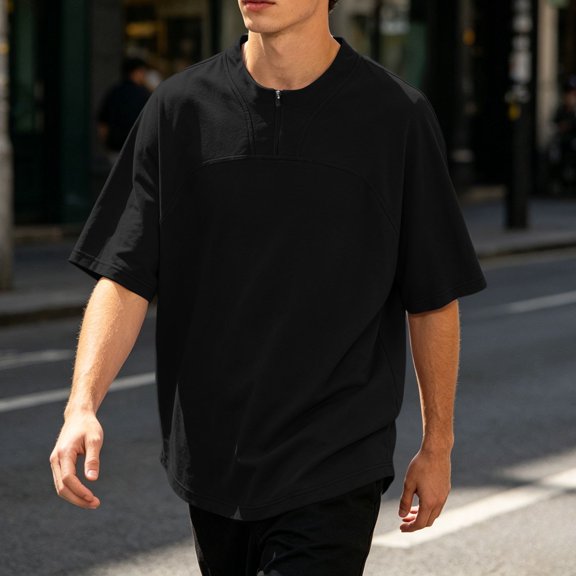 COSFO Summer T Shirts for Men Black Short Sleeve Workout Shirts Pullover Mock Neck Quick Dry Loose Fit Quarter Zip Tops