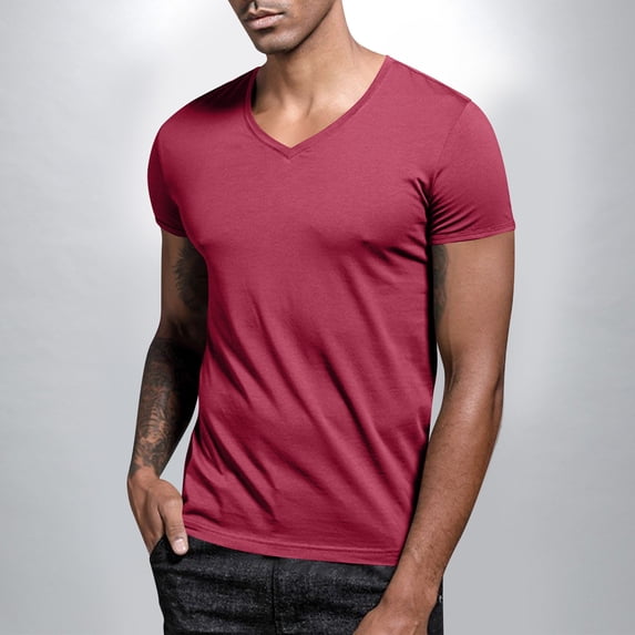 COSFO Summer T-Shirts for Men Short Sleeve Red Tops Loose Fit V Neck Basic Pullover Mens Classic T-Shirt