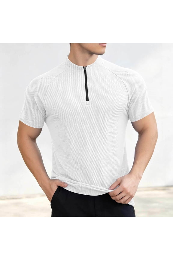 Summer Tshirts Shirts for Men Short Sleeve White Workout Shirt Quarter Zip Quick Dry Slim Fit Pullover Mock Neck Tops