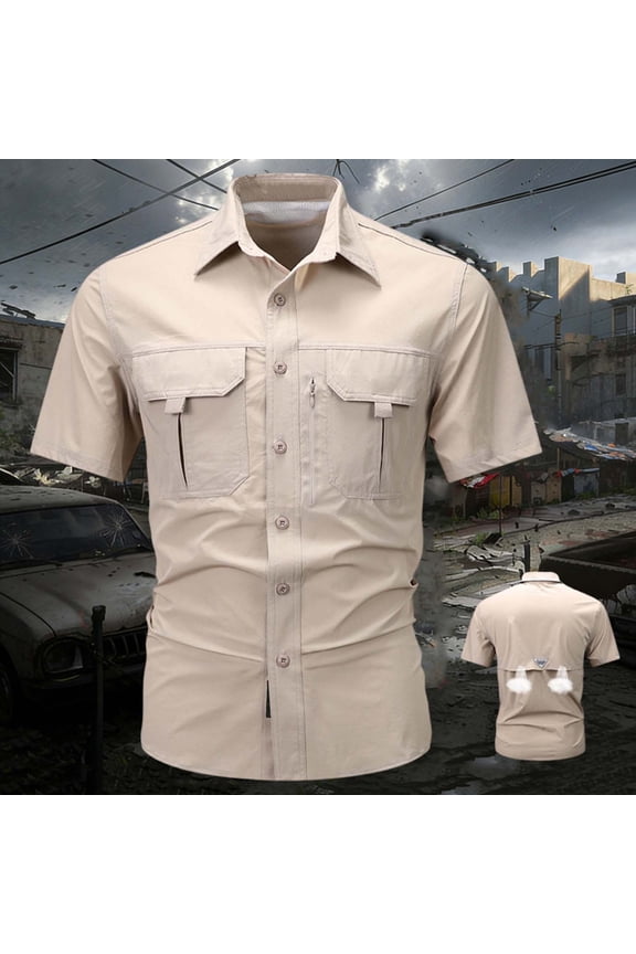 Sun Protection Button Up Shirt Men Fishing Solid Short Sleeve Shirts Relaxed Fit Quick Dry Multiple Pockets Collared Beige Tops