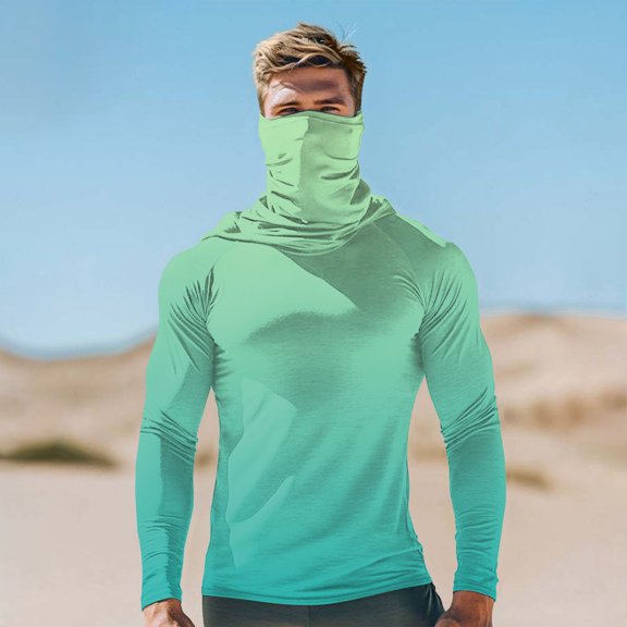 COSFO Sunscreen Mens Hoodies Casual Long Sleeve Gradient Tops with Mask Pullover Hooded Loose Fit Breathable Men Shirts