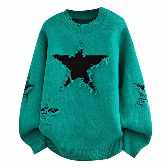 COSFO Sweater Men Pullover Star Long Sleeve Casual Crew Neck Ripped Tops Long Sleeve Loose Fit Soft Knitted Sweaters