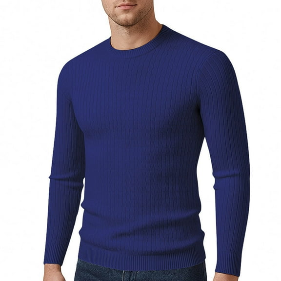 COSFO Sweaters for Men Plus Size Soft Blue Crew Neck Pullover Long Sleeve Cable Knit Basic Tops Relaxed Fit Long Sleeve Winter Sweaters