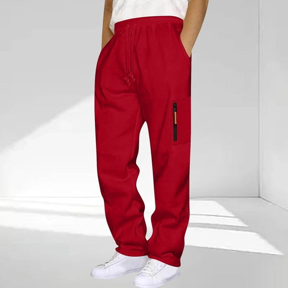 COSFO Sweatpants for Men Baggy Open Bottom Red with Zipper Pockets Athletic Straight Leg Pants Elastic Waist Running Loose Fit Drawstring Sport Trousers Mens Sweatpants