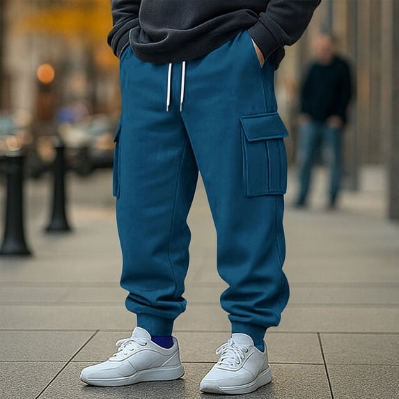 COSFO Sweatpants for Men Baggy with Pockets Blue Elastic Bottom Jogger Baggy Casual Cargo Pant Drawstring Elastic Waist Work Loose Fit Trousers Mens Sweatpants