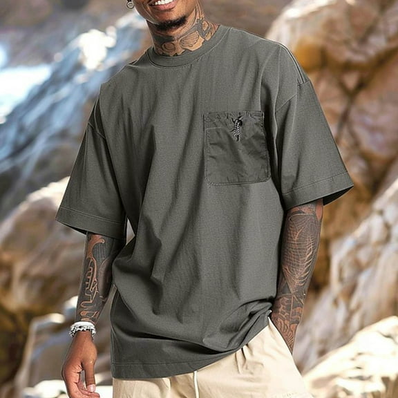 COSFO T Shirts for Man Casual Crew Neck Short Sleeve Tops Solid with Pocket Loose Pullover Cotton Mens Classic T-Shirt