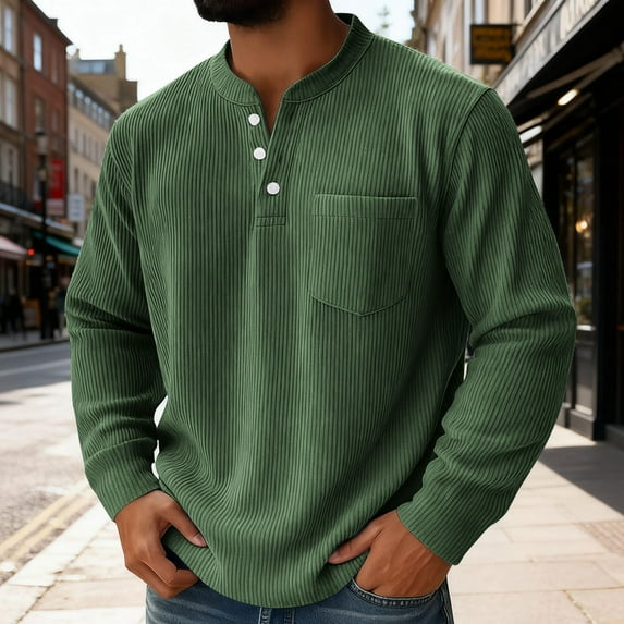 COSFO T Shirts for Men with Pocket Green Corduroy Crew Neck Long Sleeve Tops Loose Fit Button for Work Pullover Mens Classic T-Shirt